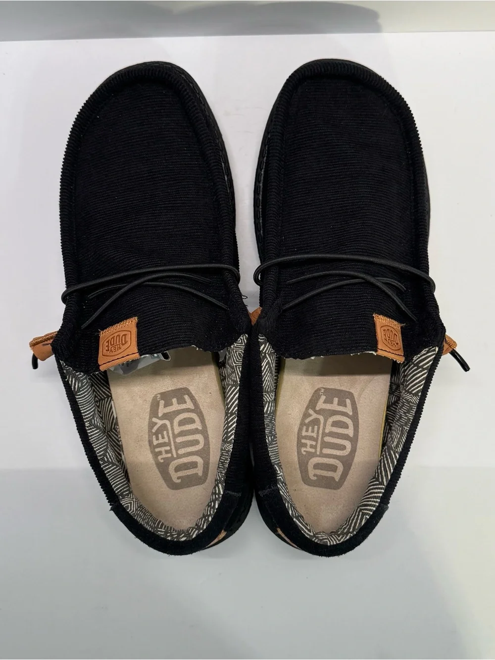 HEYDUDE Black Canvas Slip-On Loafers with Tan Accents